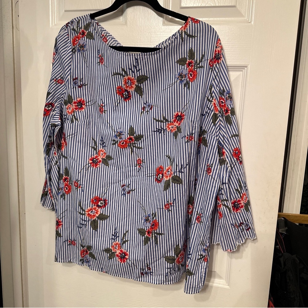 Liz Claiborne XXL Blouse Pullover blue white Stripe floral Accent Cotton 3/4 slv